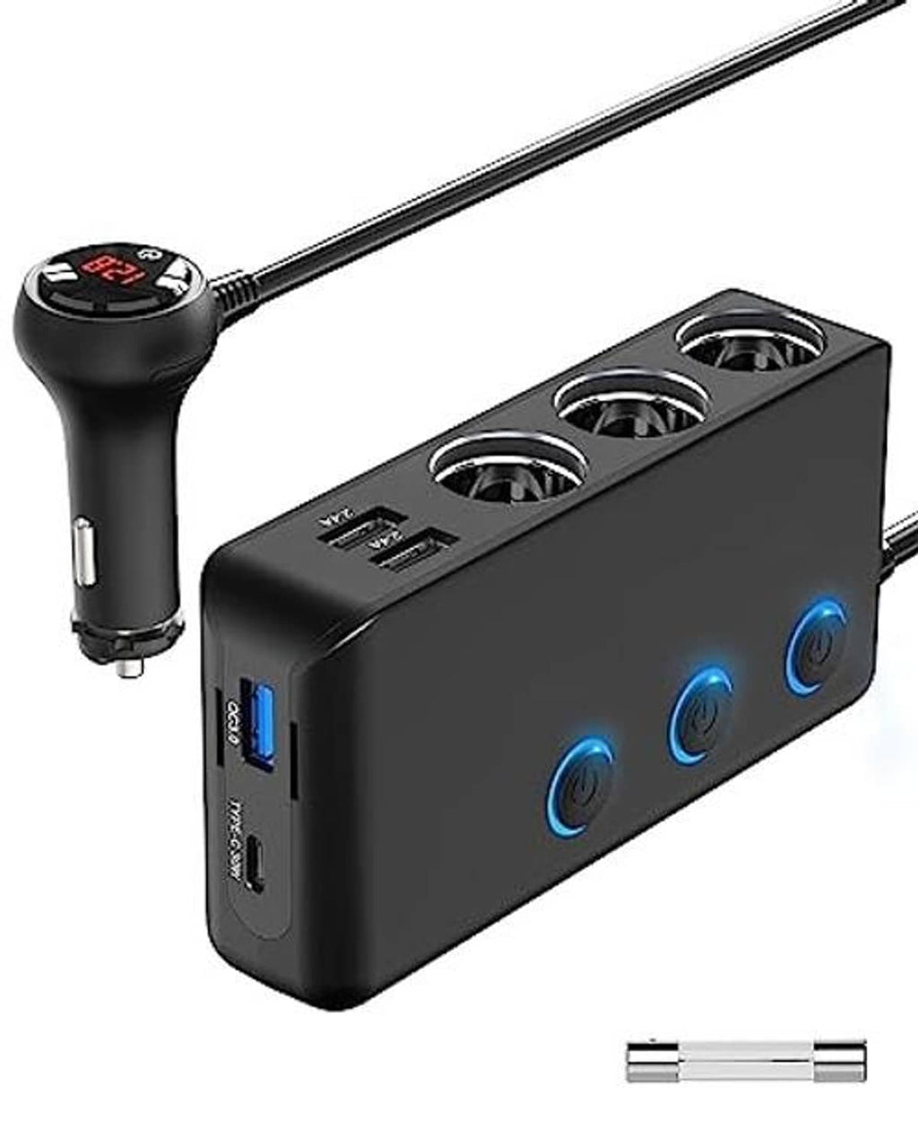 Car charger splitter with three sockets, USB ports, blue LED lights, car plug