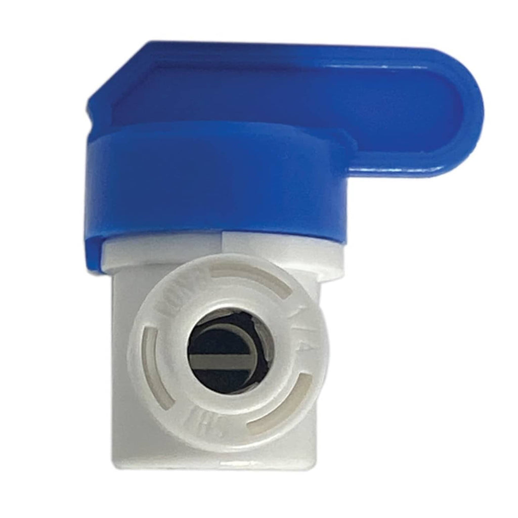 Blue lever shut off valve with white inlet and connector collar