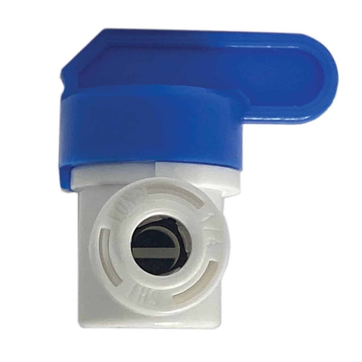 Blue lever shut off valve with white inlet and connector collar