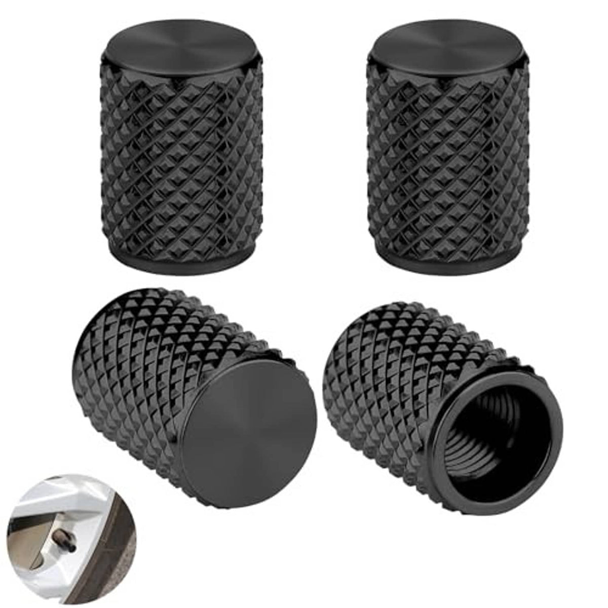 Black knurled tire valve stem caps, 4-pack, universal fit, threaded valve insert