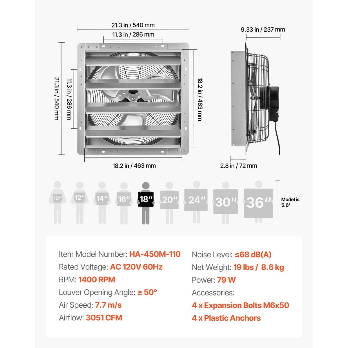 Dimensions diagram of silver 18-inch wall exhaust fan with louver opening