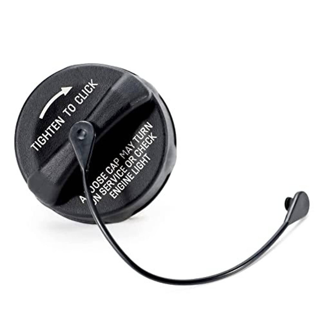 Fuel gas cap with tether cable, black round cap with warning text and securing latch