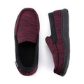 Men's burgundy tweed moccasin slipper with memory-foam insole, slip-on design