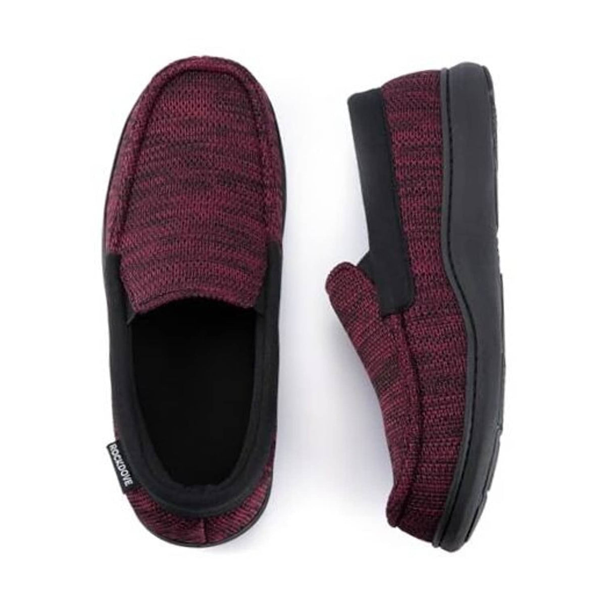 Men's burgundy tweed moccasin slipper with memory-foam insole, slip-on design