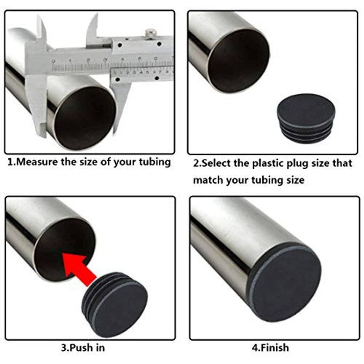 Black round plastic tube end caps next to metal tubing, with plug insertion step