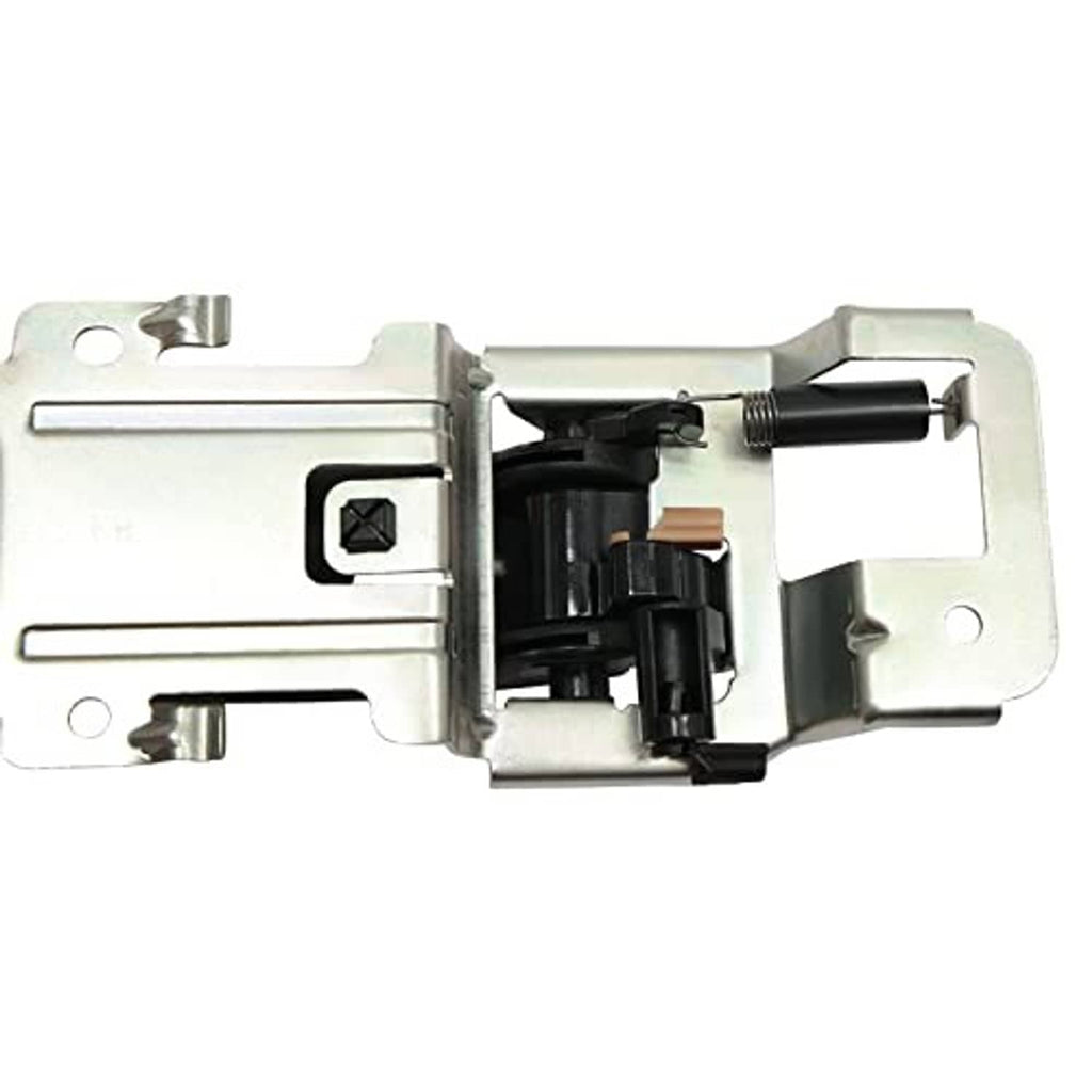 Door handle latch assembly with black release lever and silver mounting brackets