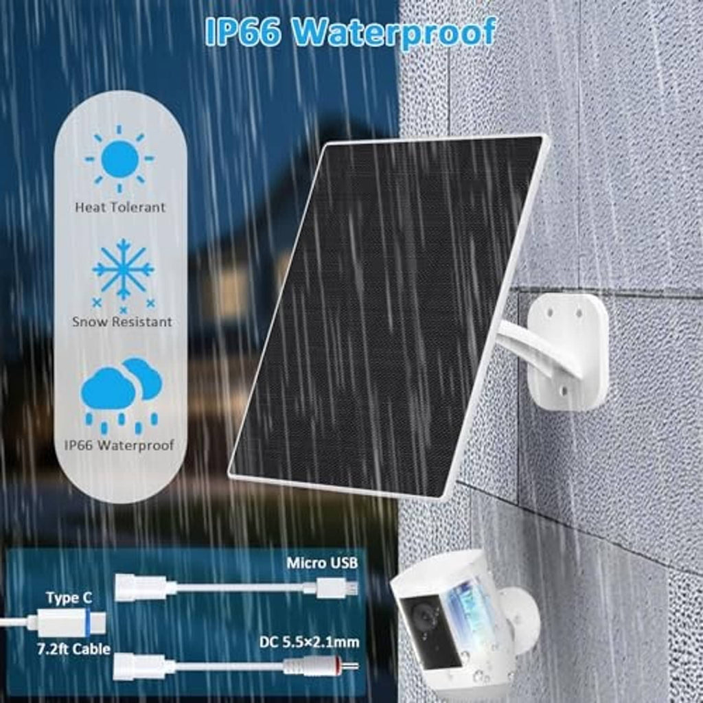 Water-resistant black solar panel with white mount bracket and USB/Type-C DC cables