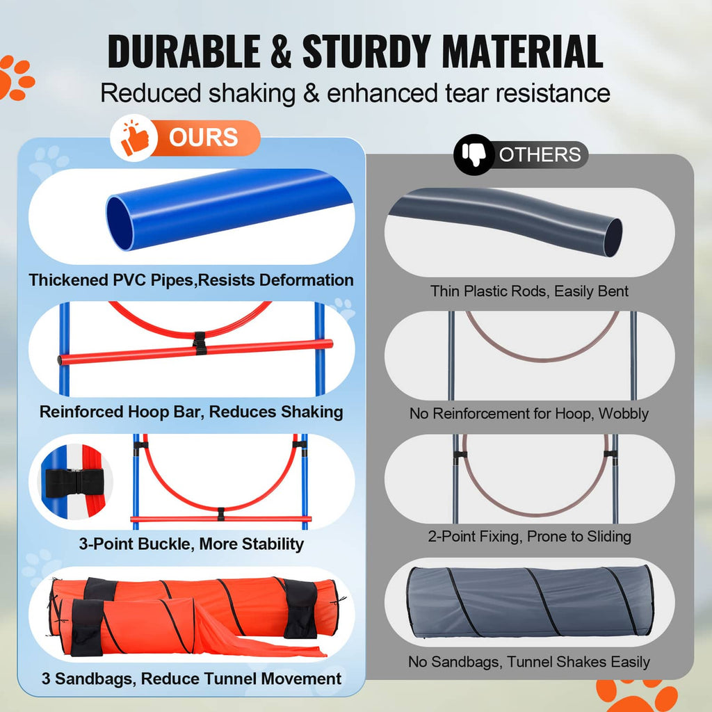 Agility hurdle and tunnel set with reinforced PVC pipes and anti-tear materials