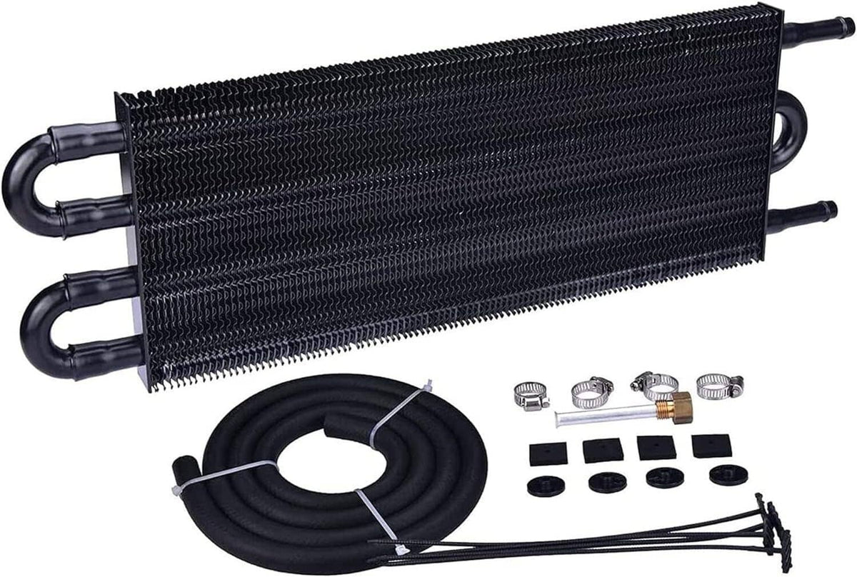 Aluminum transmission oil cooler heat exchanger with preattached hoses and mounting accessories