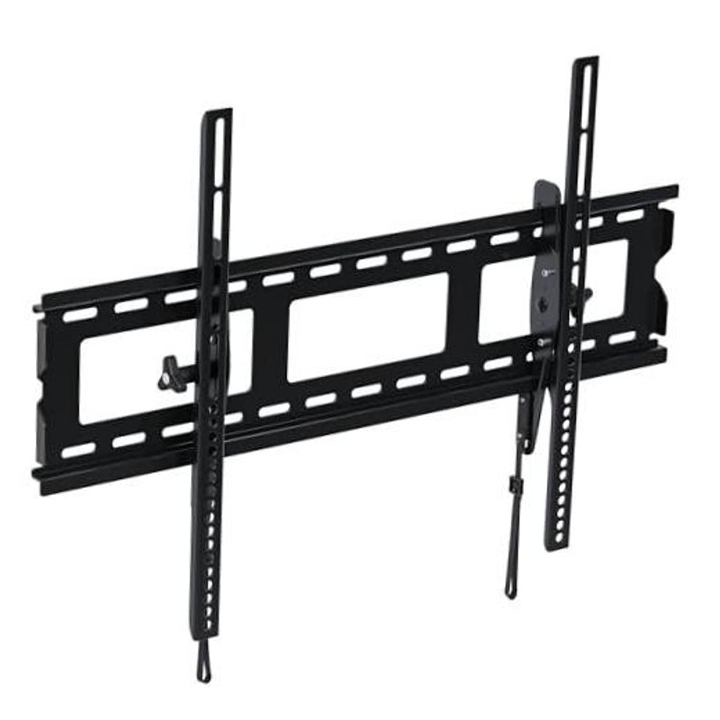 Black tilting TV wall mount bracket with adjustable support arms and mounting rails