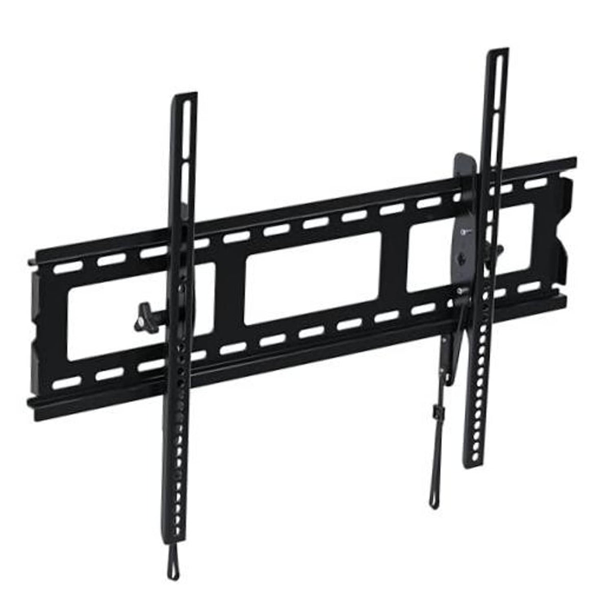 Black tilting TV wall mount bracket with adjustable support arms and mounting rails
