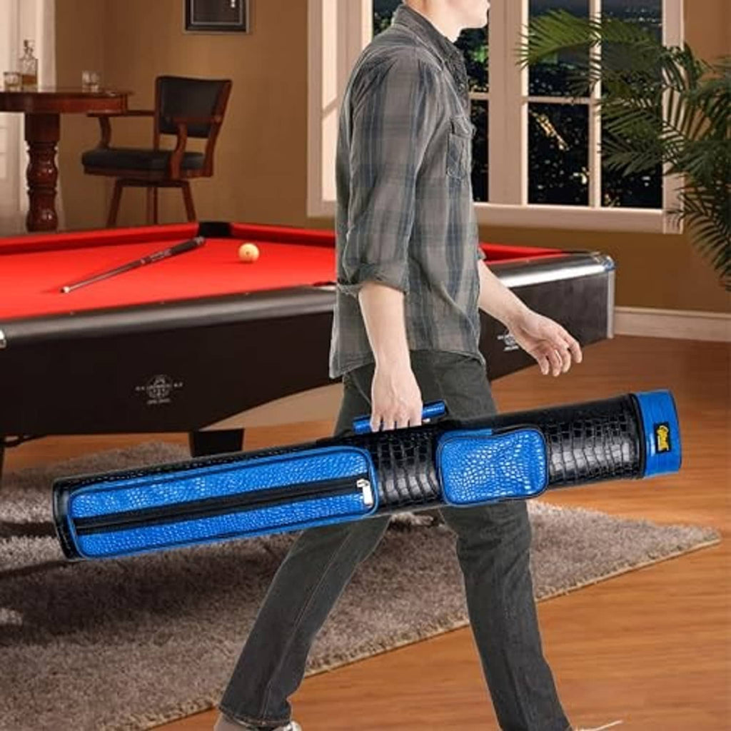 Two-cue pool cue case with black zip exterior and blue padded center panel