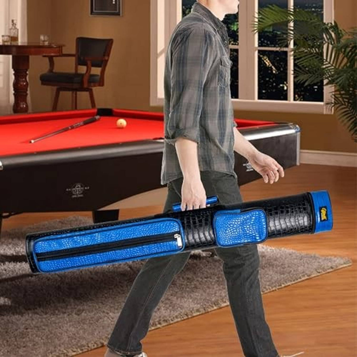 Two-cue pool cue case with black zip exterior and blue padded center panel