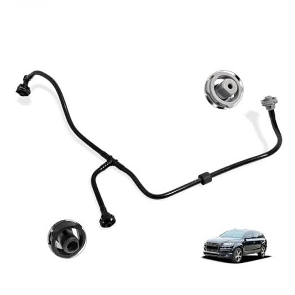 Black coolant hose pipe with chrome circular cap and three connector fittings