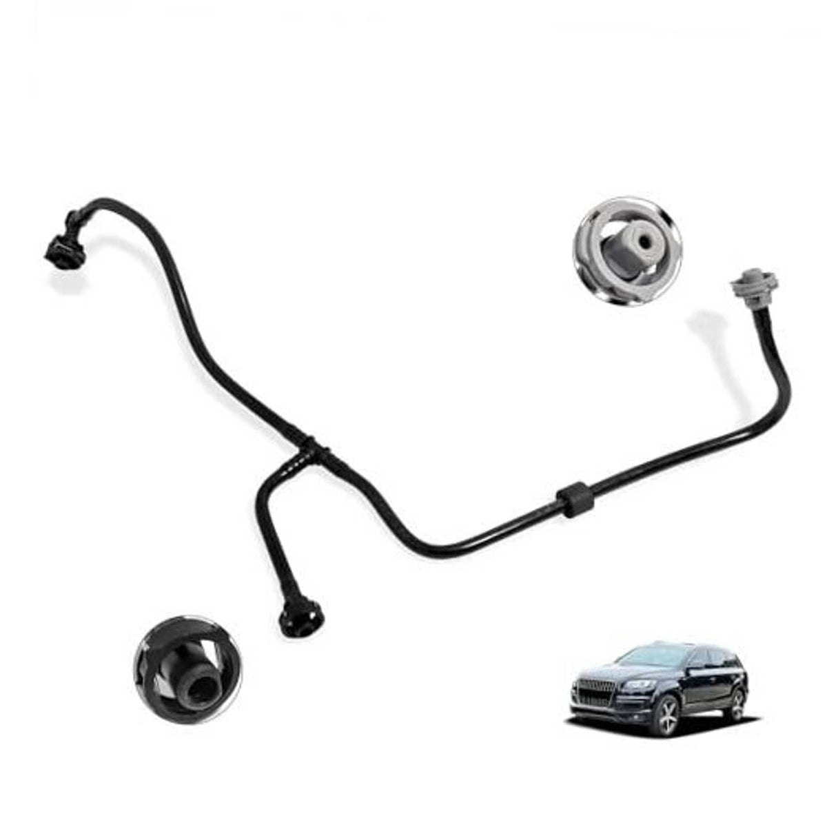 Black coolant hose pipe with chrome circular cap and three connector fittings