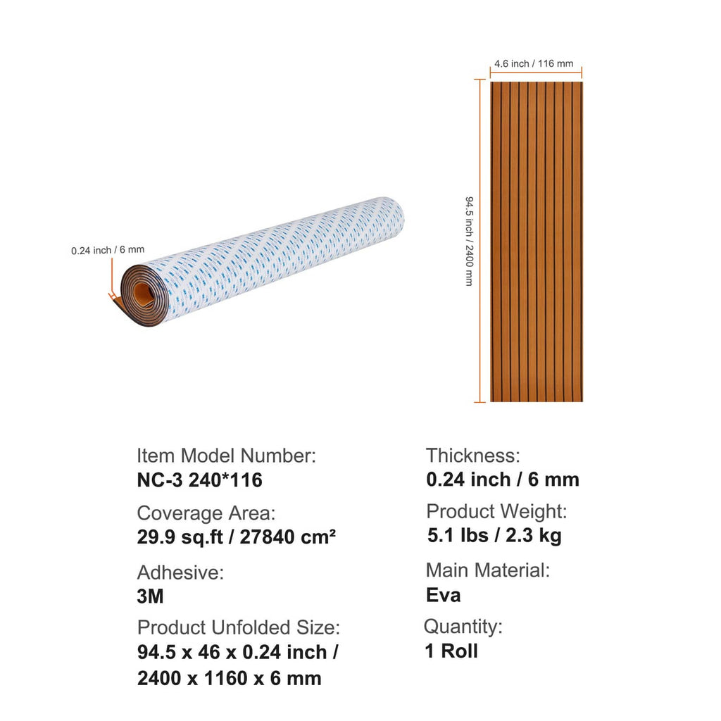 EVA foam faux teak deck flooring roll and unfolded strip with size and thickness diagram