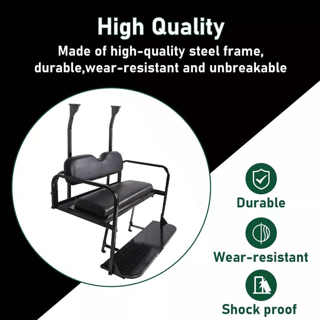 Black vinyl rear seat with arm-style handles and heavy-duty steel frame