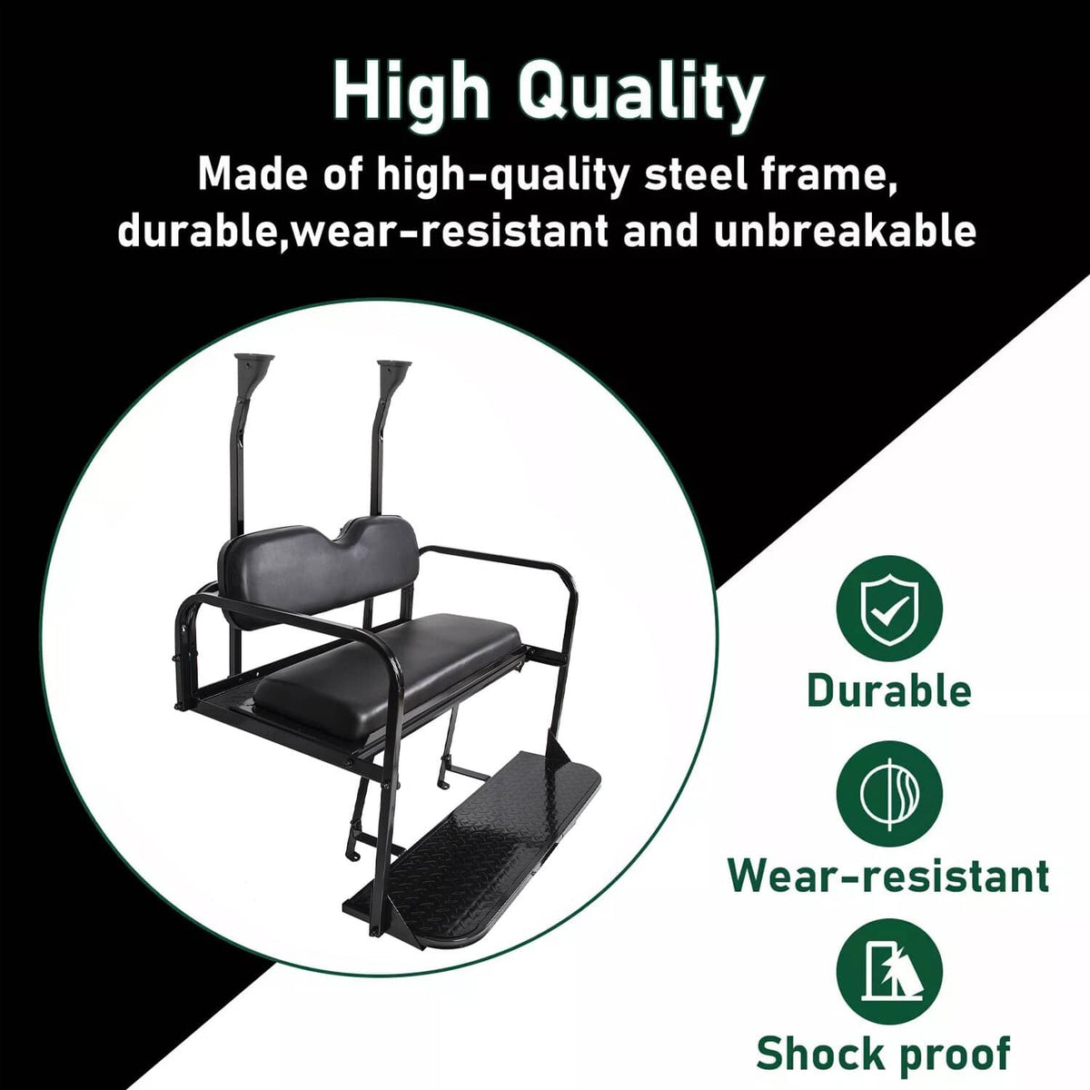 Black vinyl rear seat with arm-style handles and heavy-duty steel frame