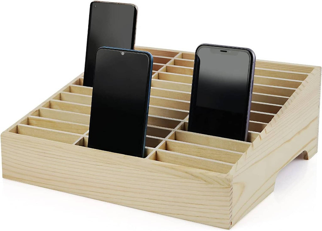 Light wood 36-slot desktop phone organizer with three phones
