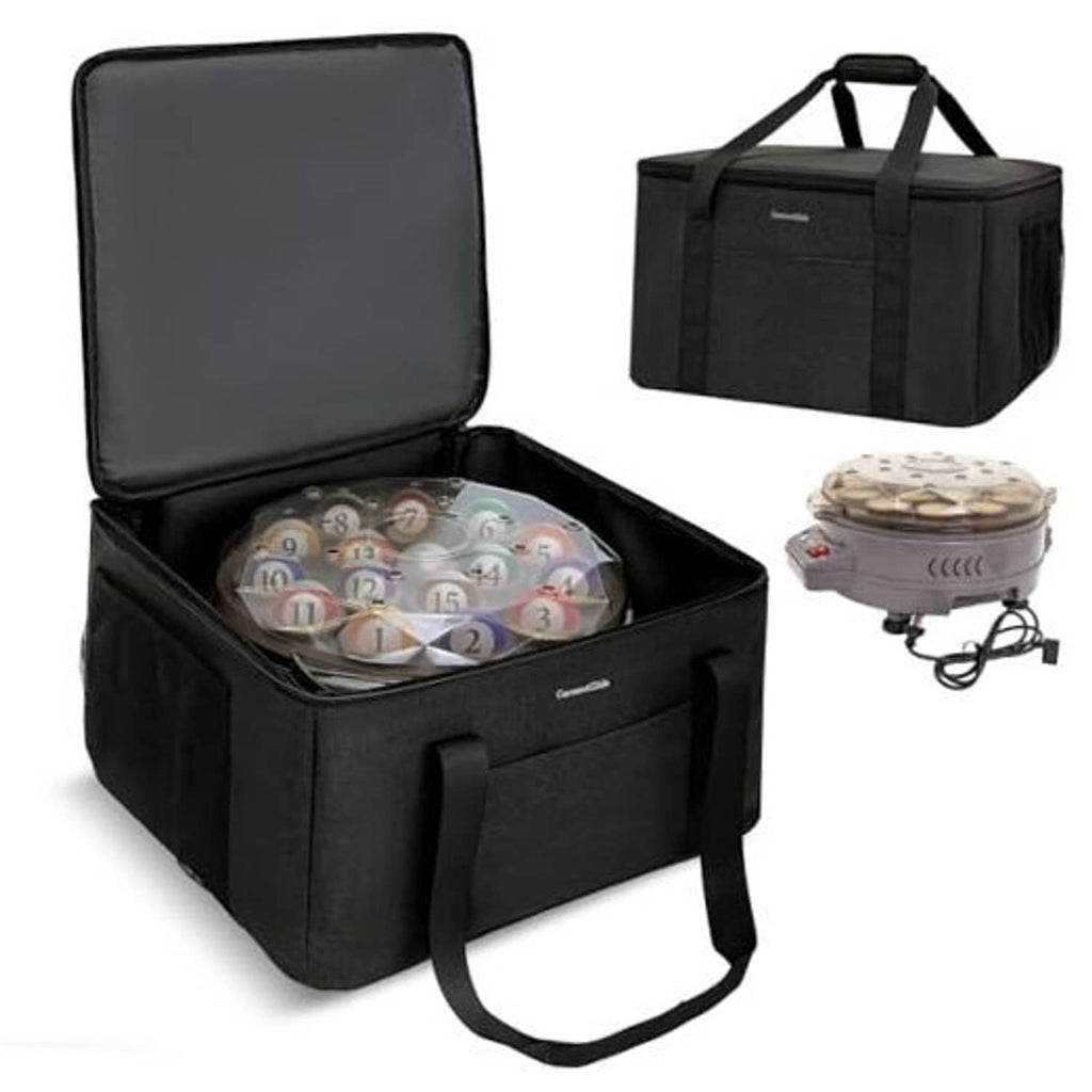 Black pool ball cleaner storage bag with padded lid, carry handles, and open compartment