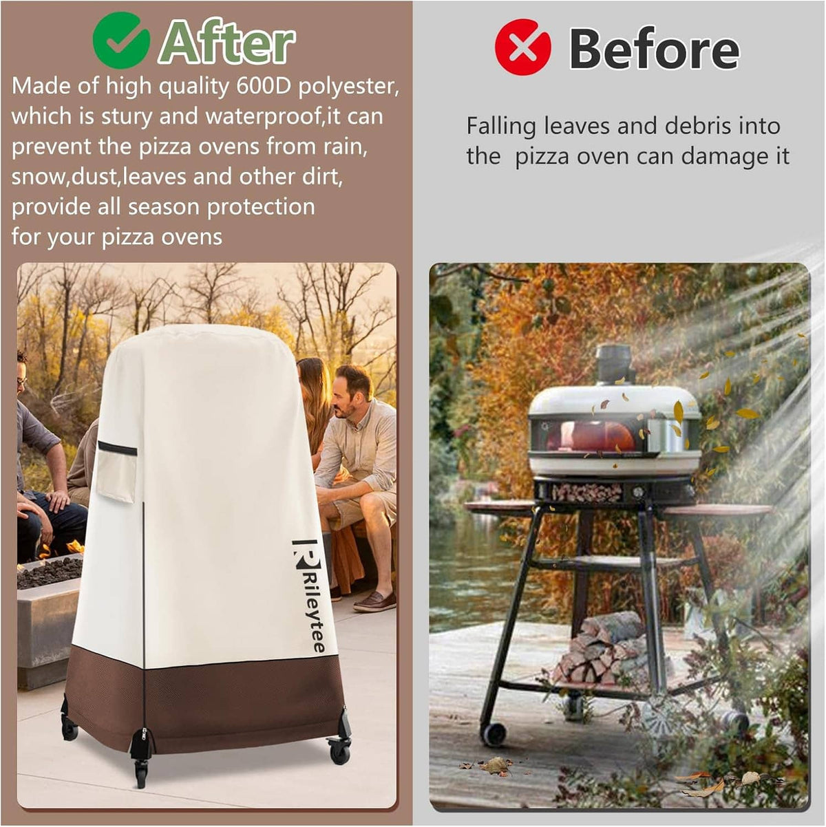 Pizza oven cover before-and-after use, white-and-brown cover for outdoor protection.