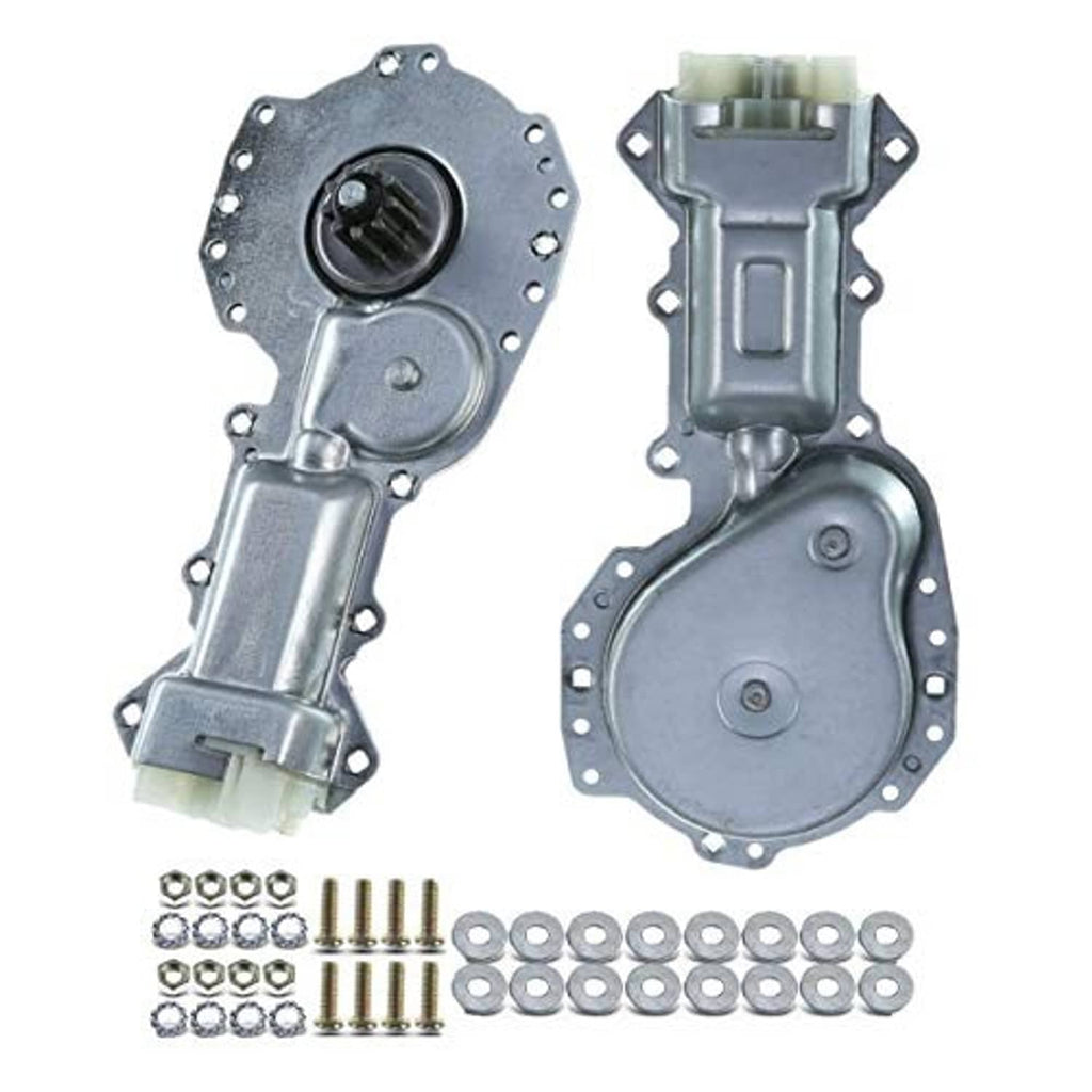 Set of 2 front power window motors, gray metal housings with mounting plates