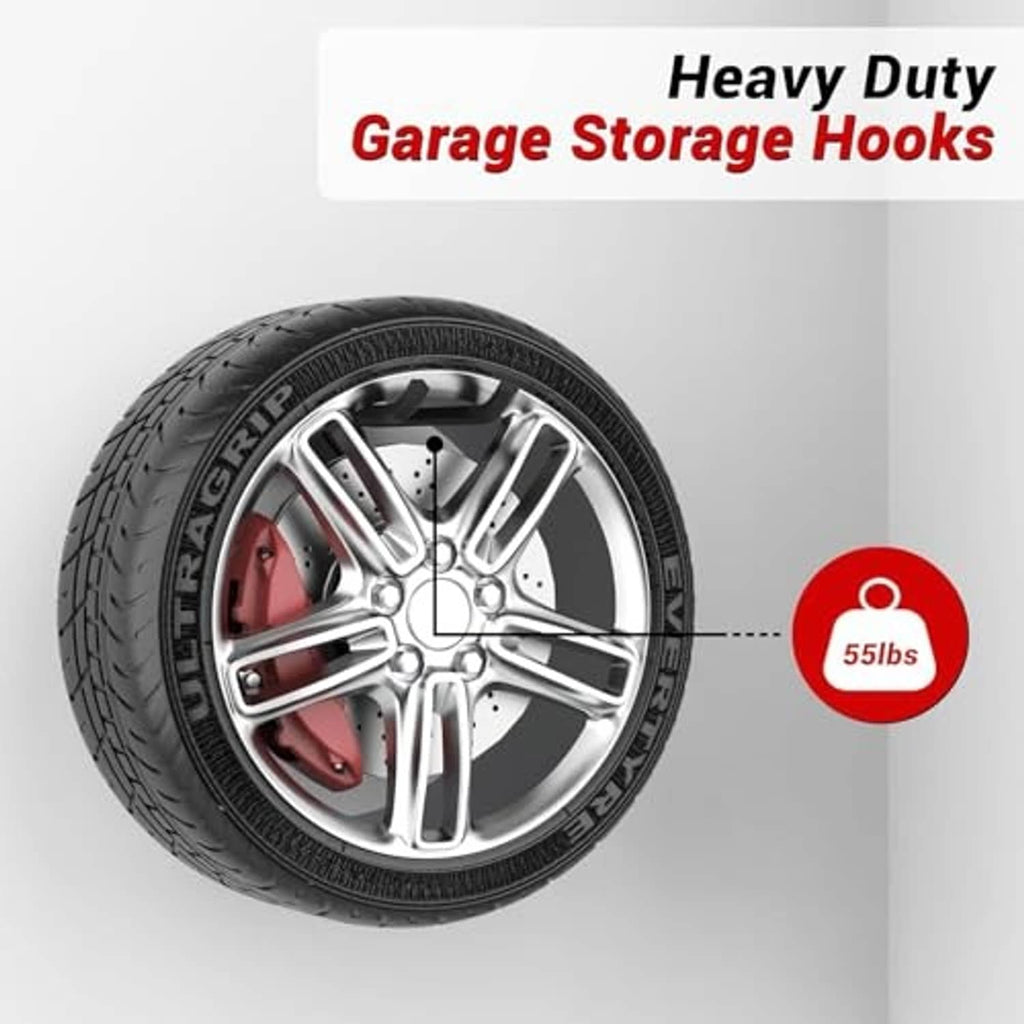 Black steel garage storage hook holding wheel rim, heavy-duty curved double prongs