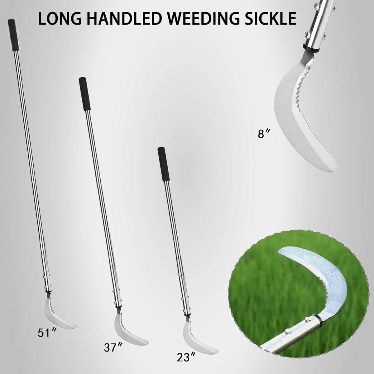 Set of long-handled weeding sickles with curved blades and adjustable stems