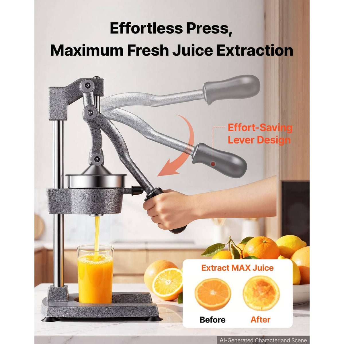 Manual citrus juicer in use with pressing lever over cup, silver-gray body