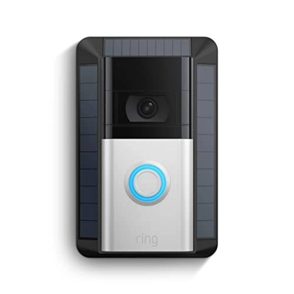 Solar-powered Ring doorbell charger with blue-ring button and dark camera window
