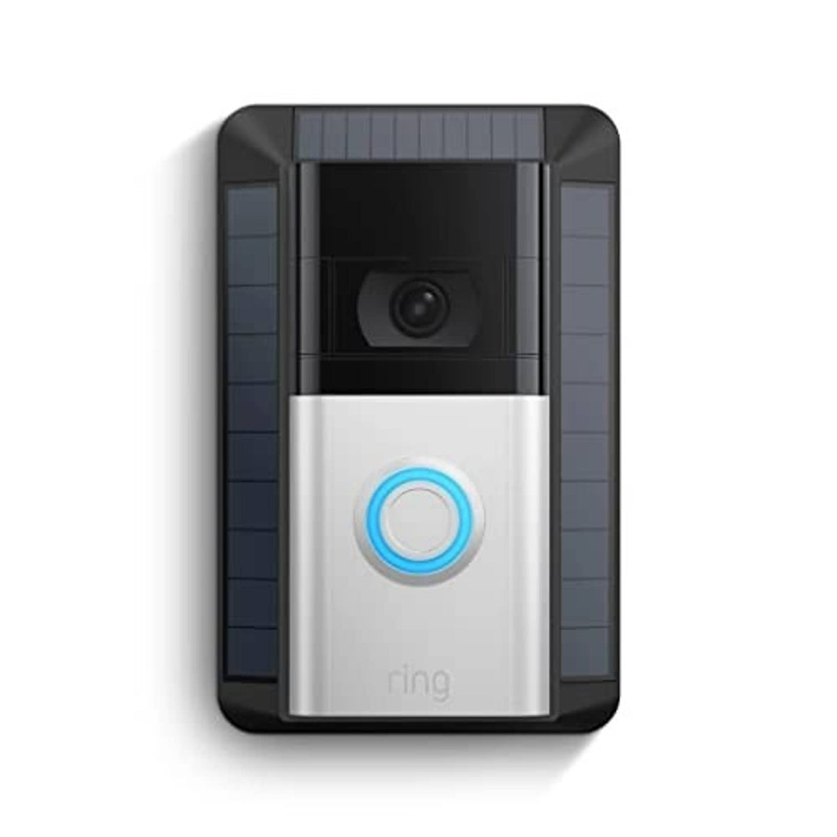 Solar-powered Ring doorbell charger with blue-ring button and dark camera window