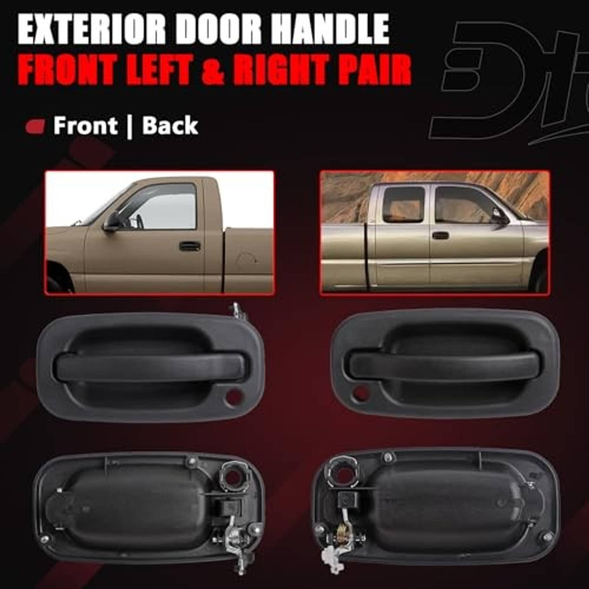 Black exterior door handle front pair, lever grips with mounting holes