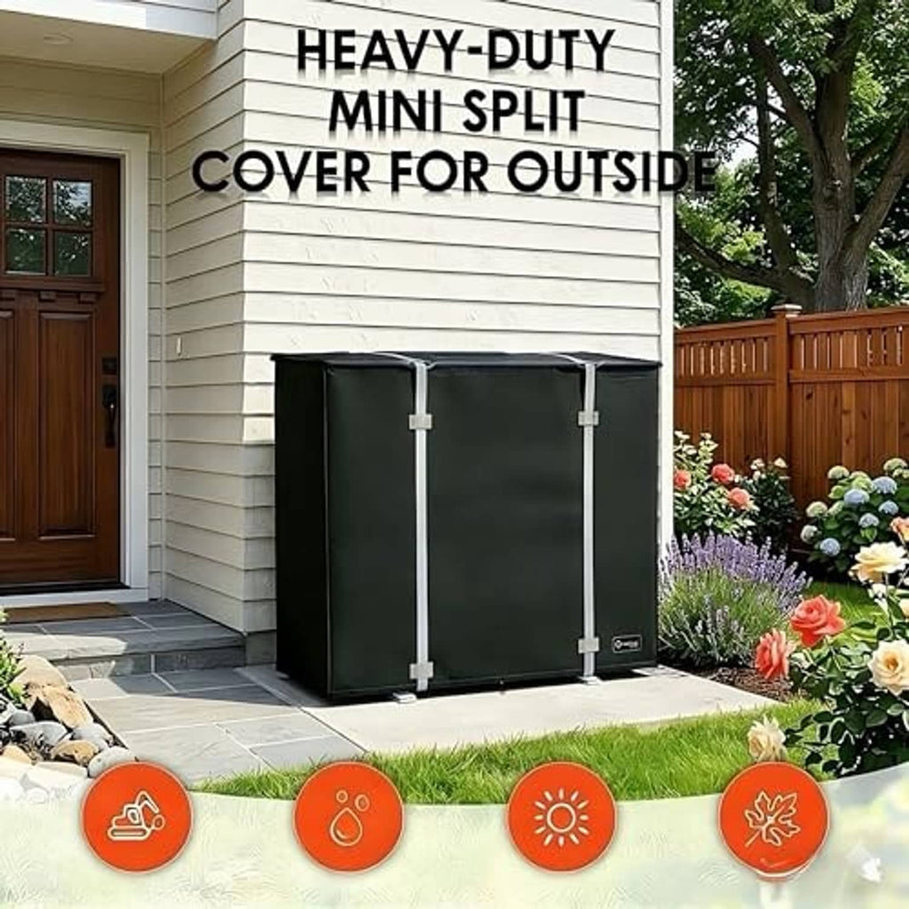 Heavy-duty mini split cover in dark fabric with four corner straps, rectangular box.