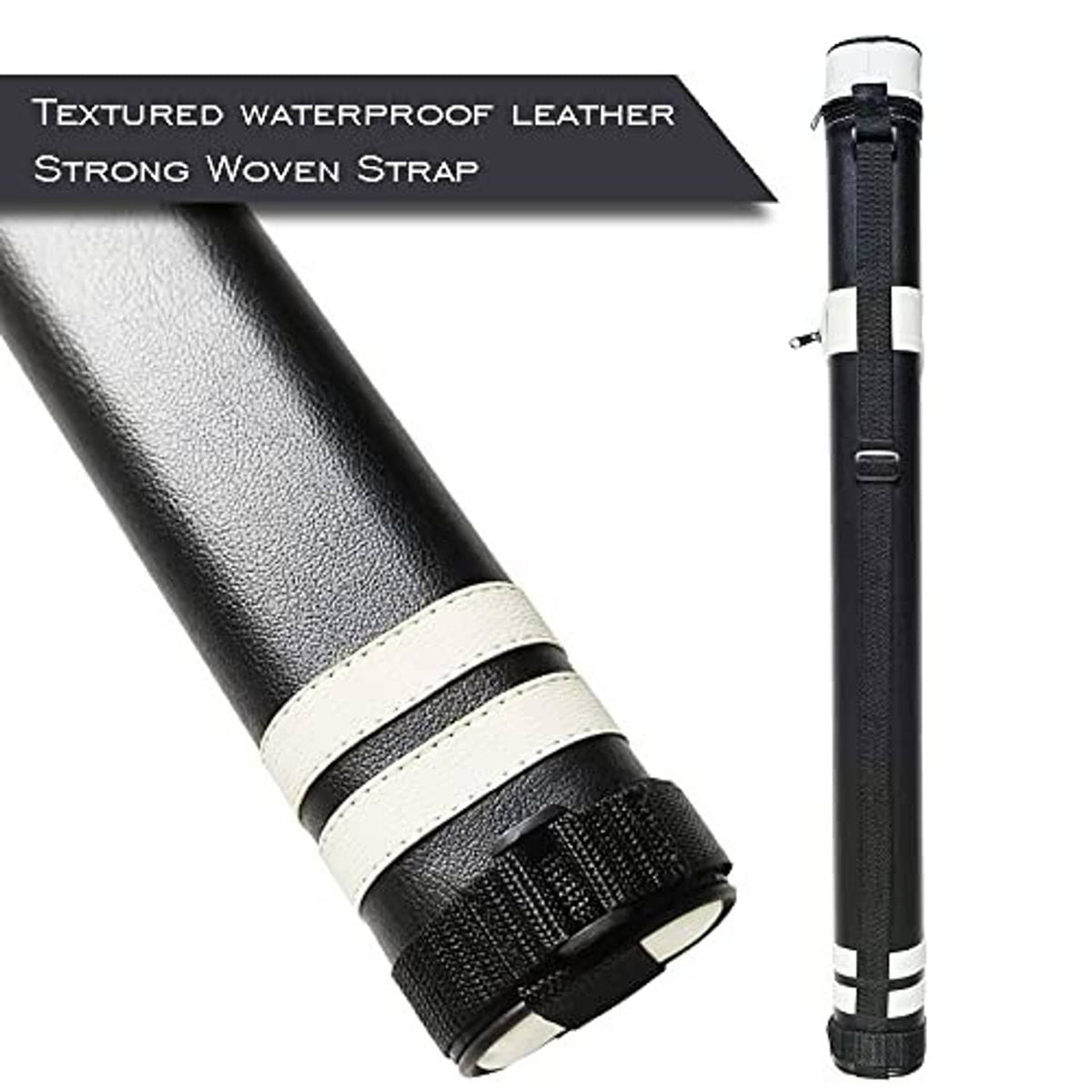 Hard pool cue case with textured black surface and white/black wrap strap detail