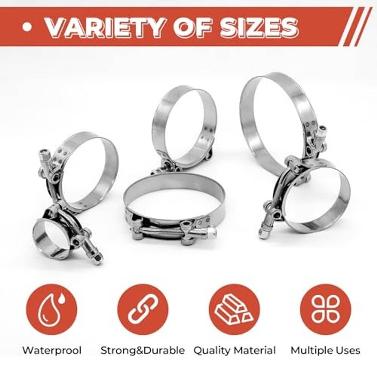 Stainless T-bolt hose clamps in multiple sizes, round band with bolt handle