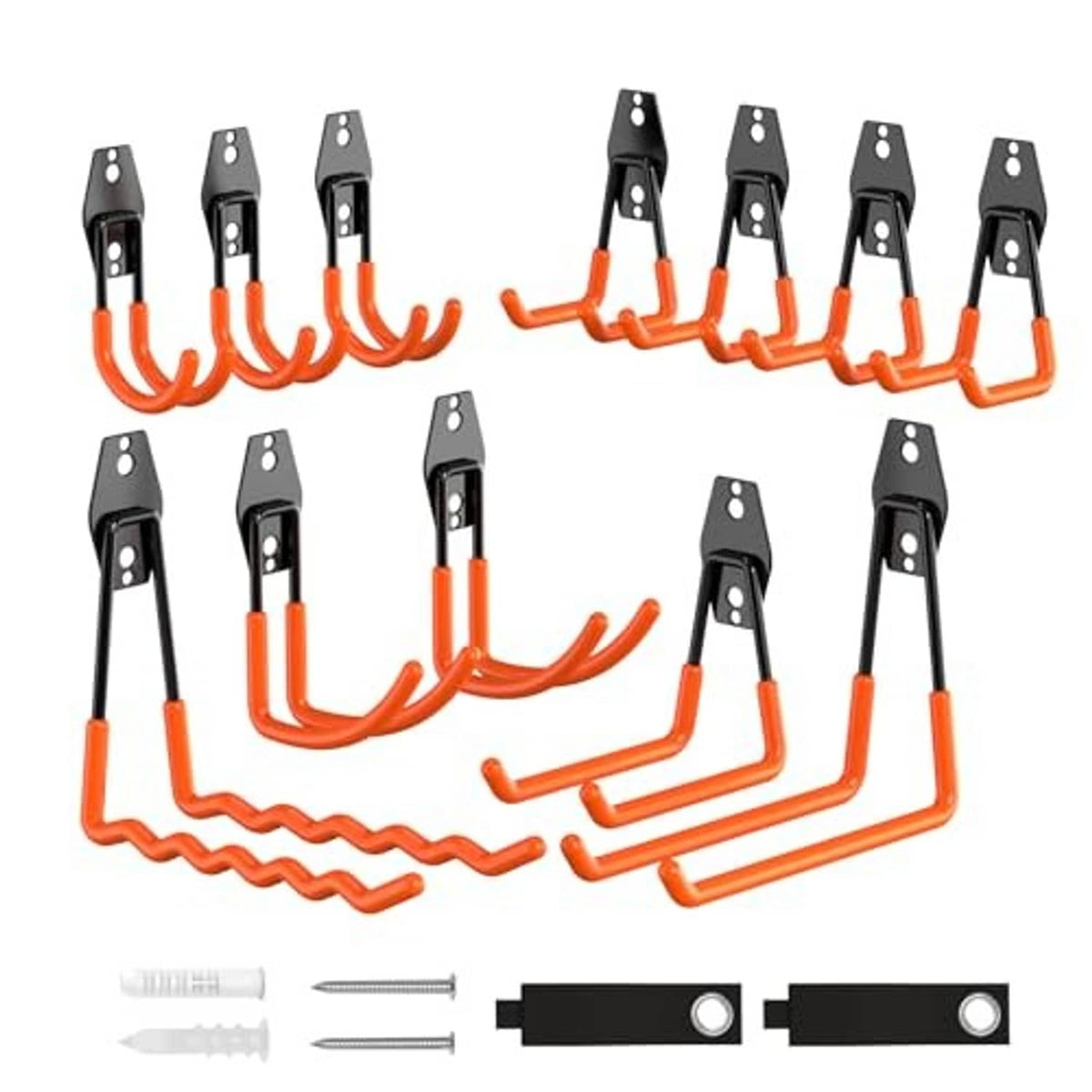 14-pack garage hooks with black frames, orange curved hangers, and included wall anchors