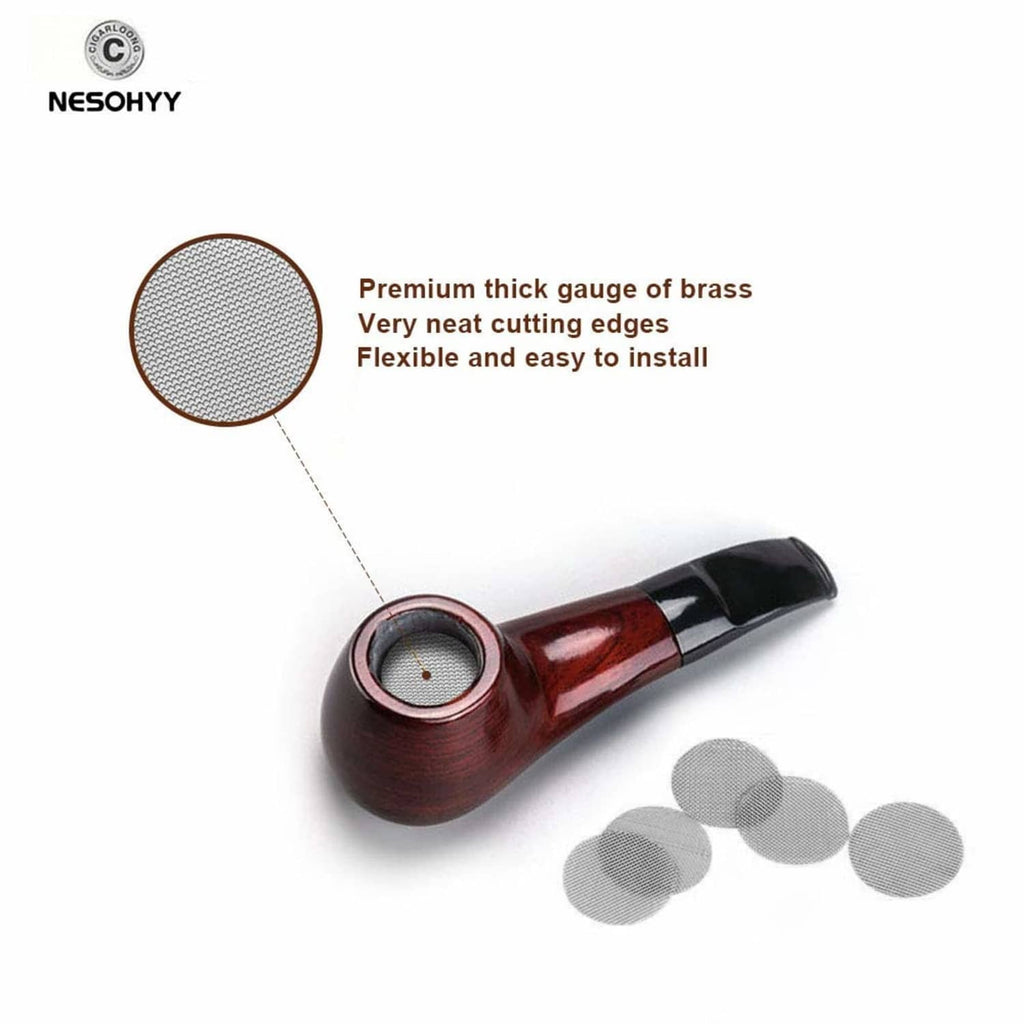 Wood smoking pipe with stainless steel mesh screen discs, round gray filters