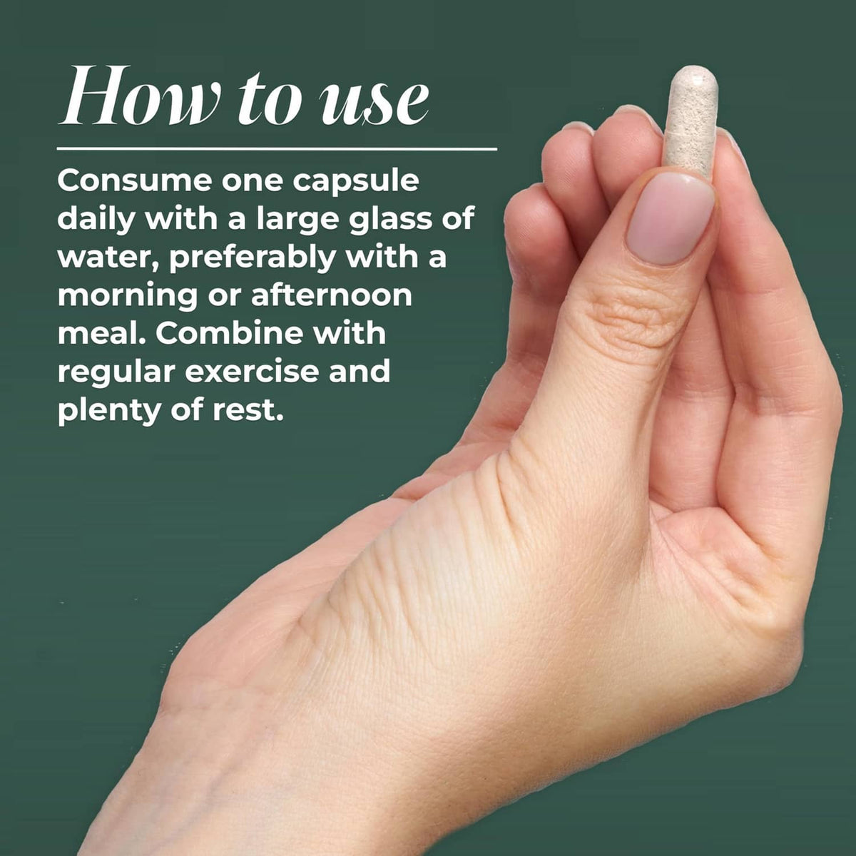 Hand holding a white multivitamin capsule over a green how-to-use panel.