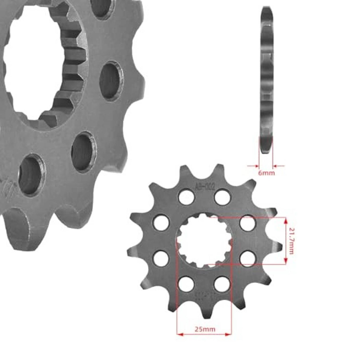 Front sprocket gear with dimensions shown: 25mm, 6mm; dark gray steel