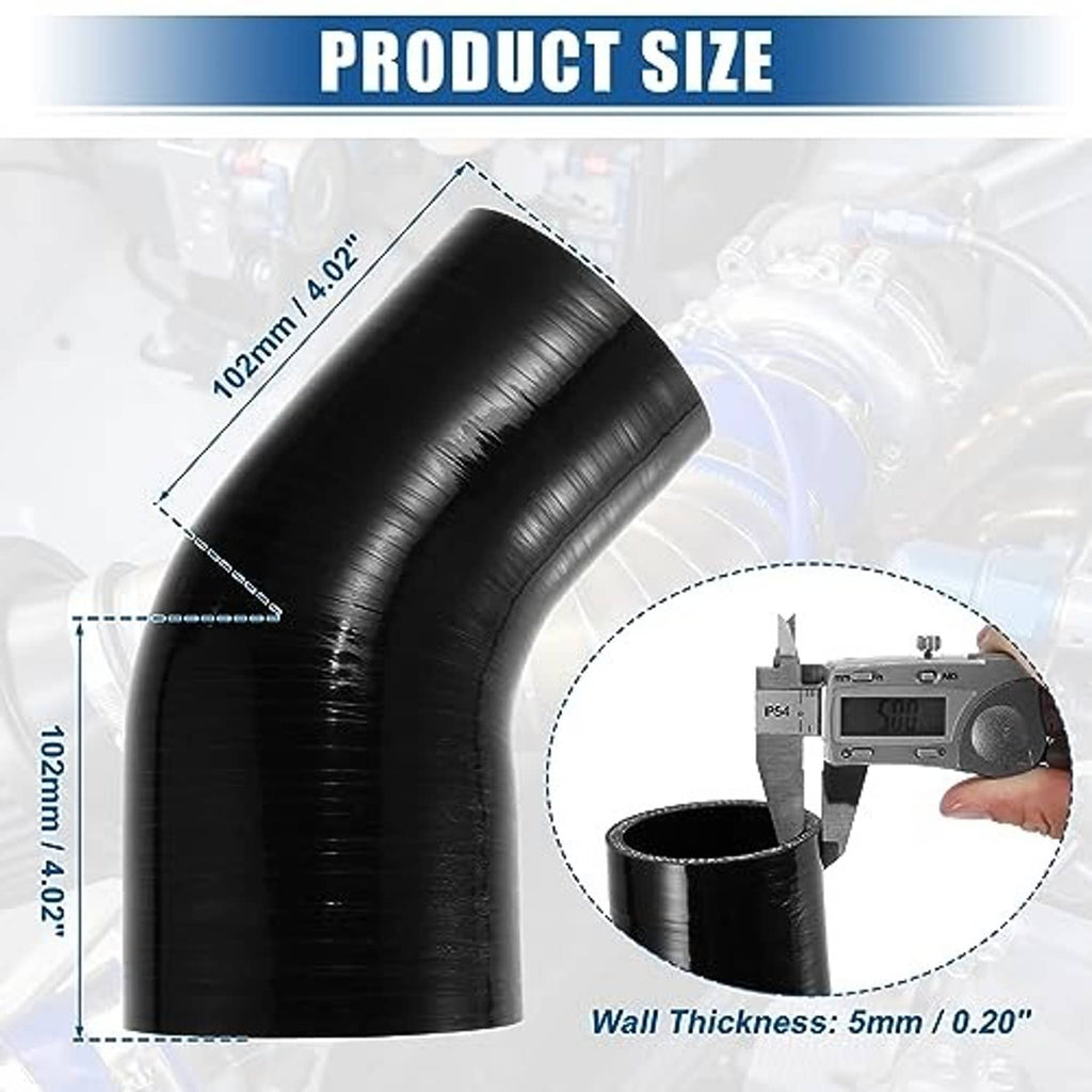 Black 45-degree silicone hose reducer elbow, shown with size markings