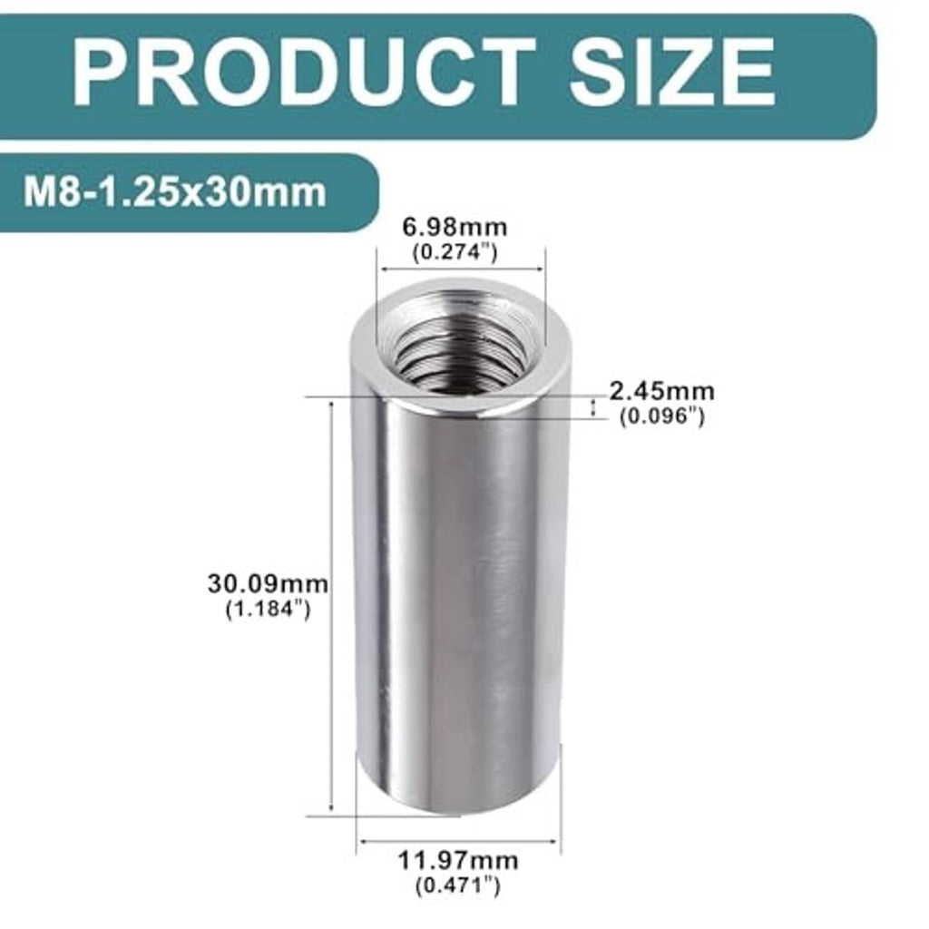 Round stainless steel coupling nut, internal female thread on cylindrical body