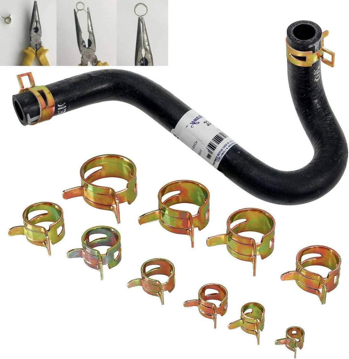 Spring hose clamps securing black hoses on a curved pipe with multiple clip sizes