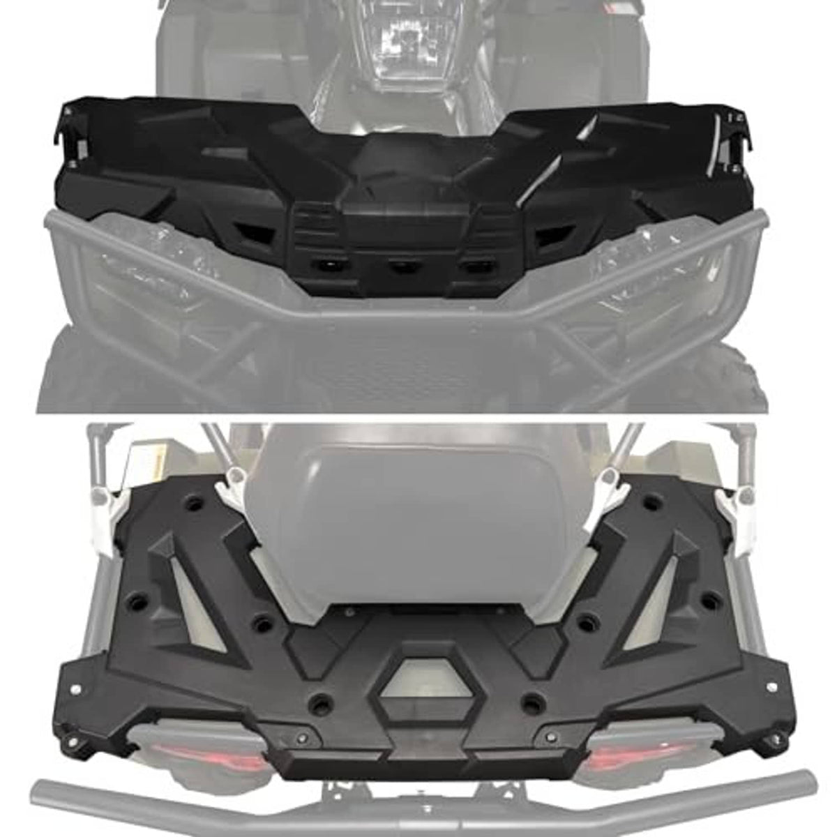 Black front cargo rack platform with integrated mounting points and gray support