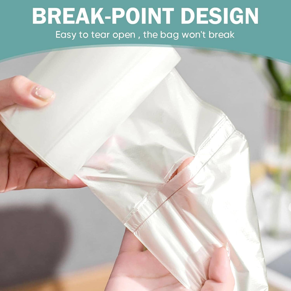 White trash bag liner held between hands, break-point design for easy opening