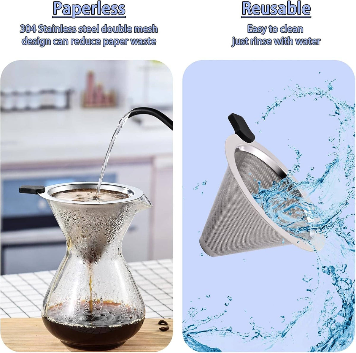 Stainless steel pour-over coffee cone dripper with black handle during water rinse