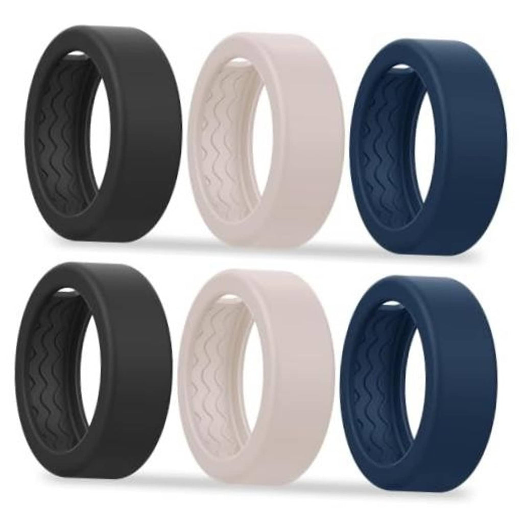 6-pack silicone Oura ring covers in black, starlight, and dark blue