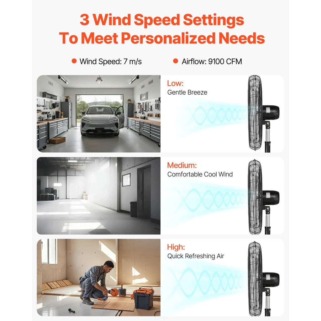 Standing floor fan with mesh grille and side control buttons showing airflow settings