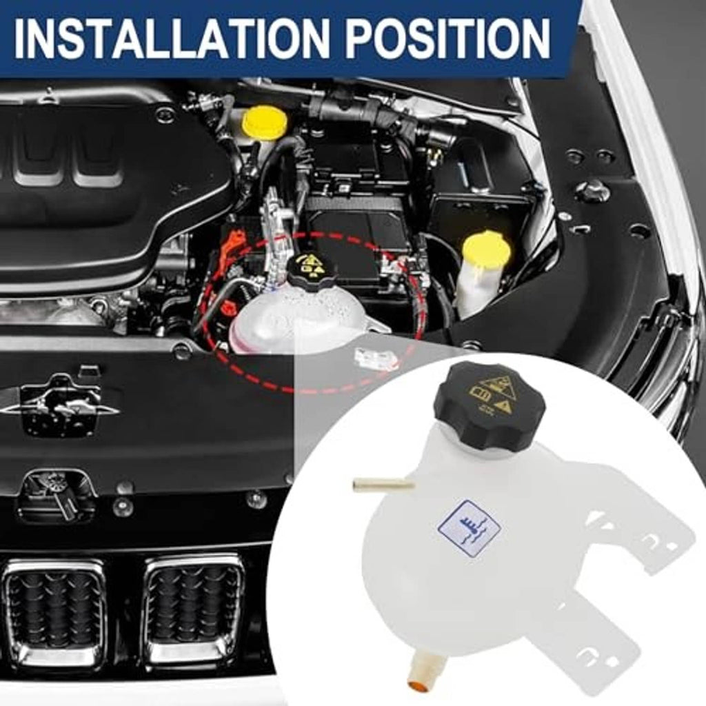 Coolant reservoir tank with black cap shown near engine bay