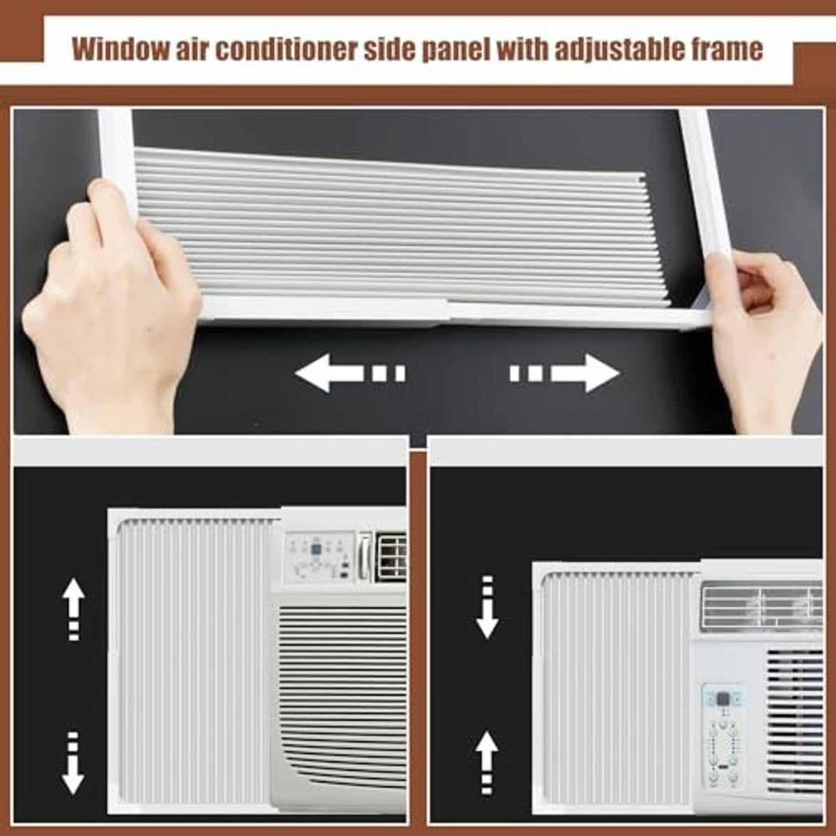 Adjustable white window AC side panels with adhesive-backed foam strip and screw holes