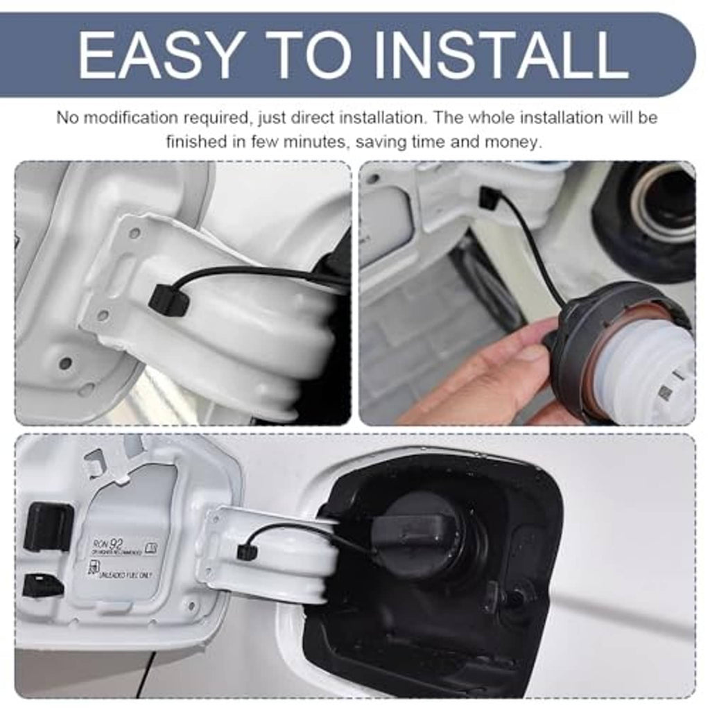 Black fuel filler cap tether strap installation views with mounting point and cap housing